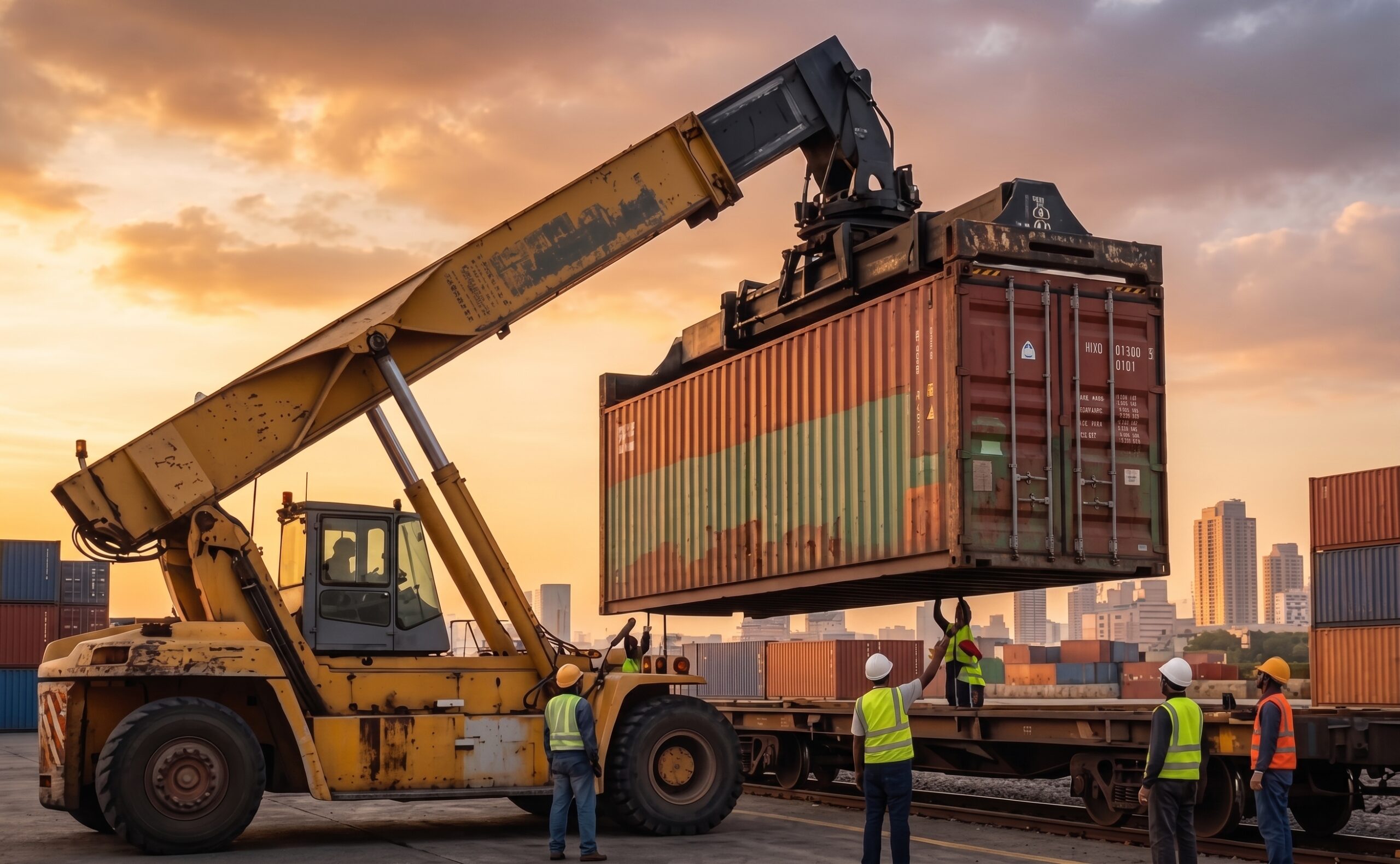 Shipping yard at golden hour