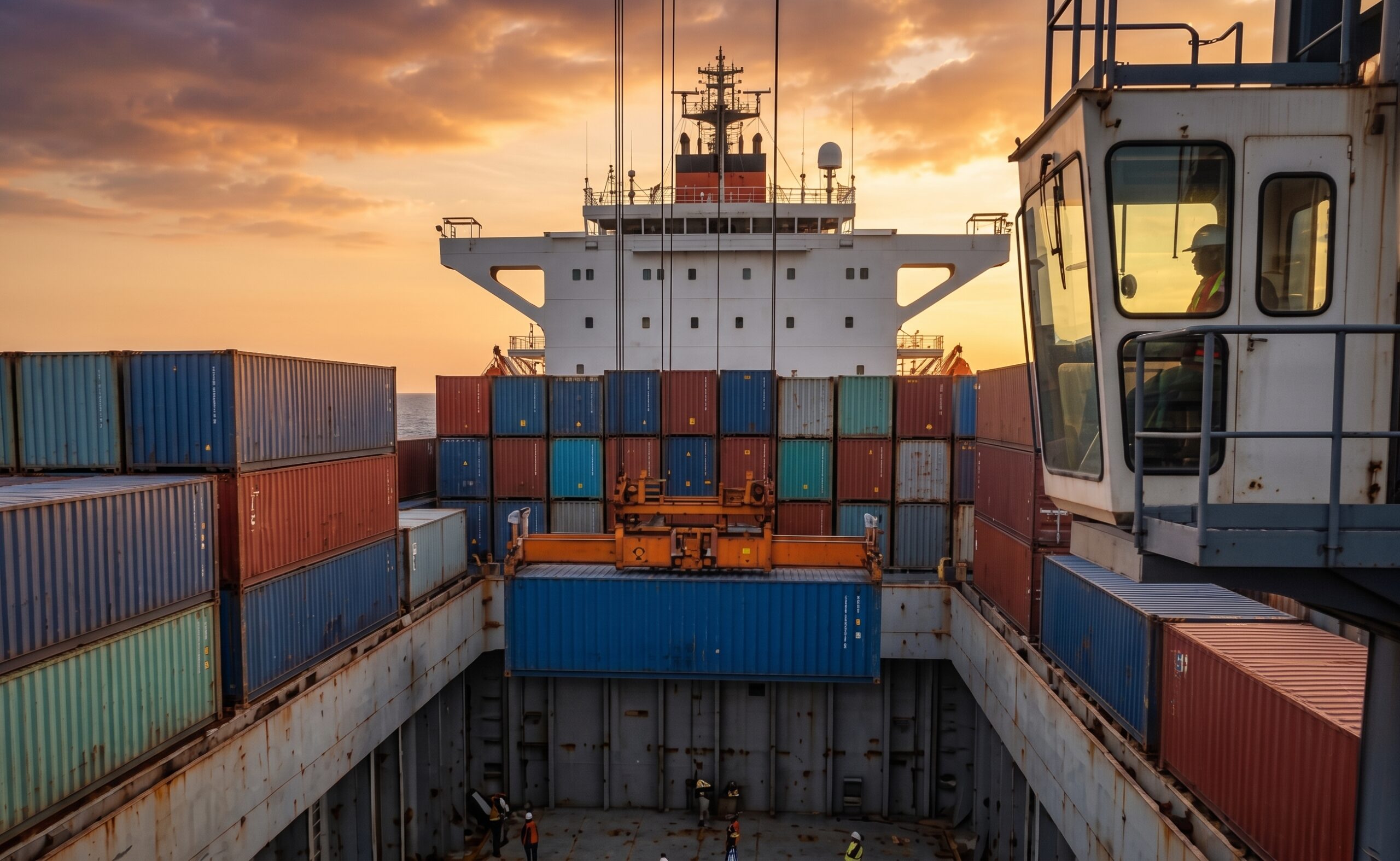 Shipping yard at golden hour