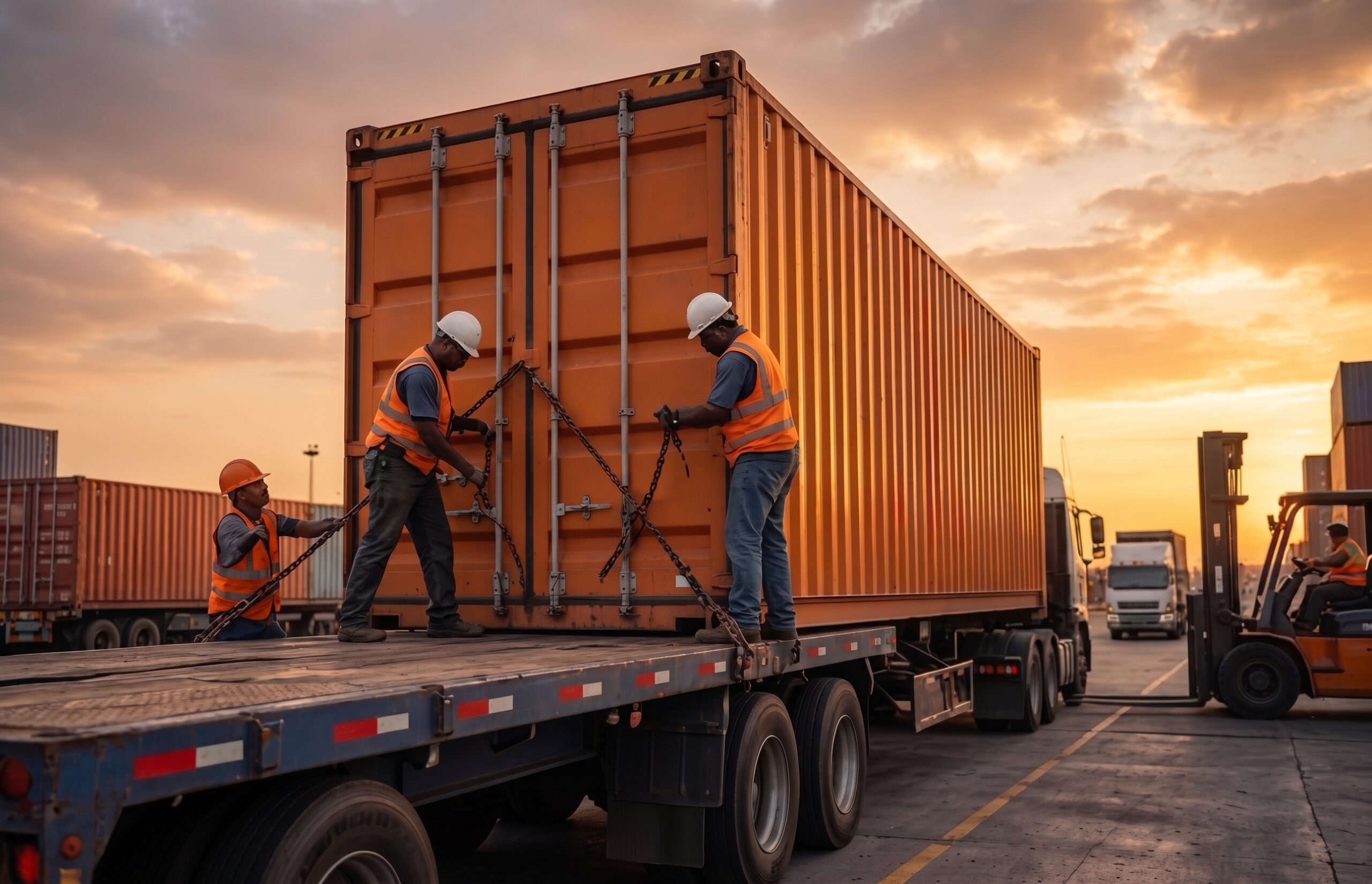 Shipping yard at golden hour
